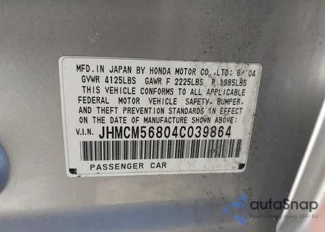 2004 Honda Accord 2.4 Ex from USA, damaged, VIN JHMCM56804C039864